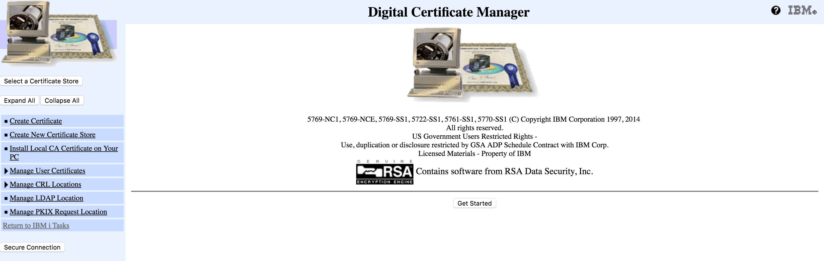 Digital Certificate Manager Main Page